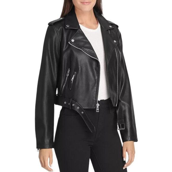Levi's Women's Size S Vegan Leather Belted Hem Cropped Moto Jacket - Picture 11 of 11